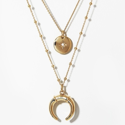Vòng cổ bằng vàng nhạt Set 45CM Zirconia Coin Horn Pendant Necklace