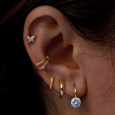 925 Sterling bạc đã đến 18K vàng mạ Solitaire trắng hình khối Zircon Huggies tai nghe