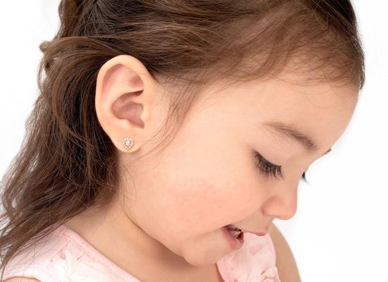 Bông tai nụ hình trái tim bằng bạc 925 đính đá CZ hồng và trắng, kiểu đính đá pave cho trang sức cao cấp trẻ em