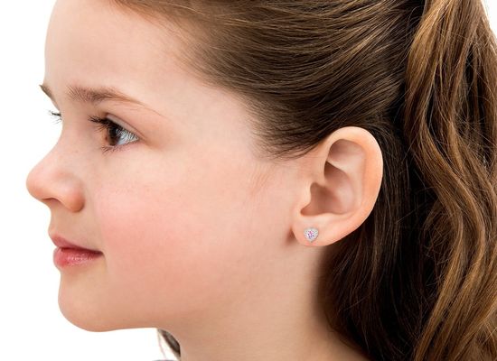 Bông tai nụ hình trái tim bằng bạc 925 đính đá CZ hồng và trắng, kiểu đính đá pave cho trang sức cao cấp trẻ em