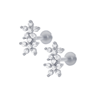 Phong cách cổ điển hoa đôi quả bóng trở lại lưng phẳng 925 bạc Sterling bông tai cho cô gái