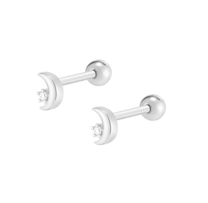 925 Sterling Silver Tiny CZ Moon Piercing Stud Bàn tai với chuông quay lại
