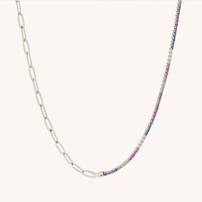 925 Sterling Silver Round Cut CZ Rainbow Collar Vòng tay quần vợt và dây chuyền cổ