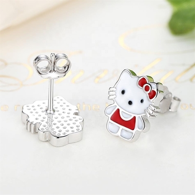 Kitty Childrens Bạc Stud Băng tai Đỏ Trắng Đen Màng Vàng
