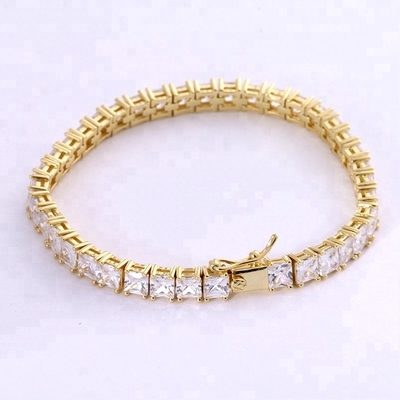 Unisex làm bằng tay 18K vàng Hip Hop Băng cắt hình vuông Kim cương CZ 925 Sterling bạc xếp chồng quần vợt vòng tay