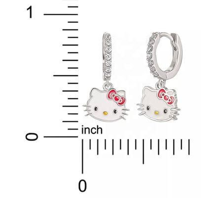 Rhodium Plated Hello Kitty Dangle Hoop Earrings in Sterling Silver with CZ and Enamel
