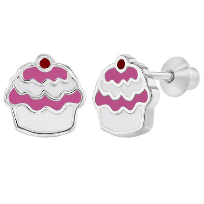 Cupcake Pink Enamel 925 Sterling Silver Screw Back Trẻ em Bàn tai đồ trang sức