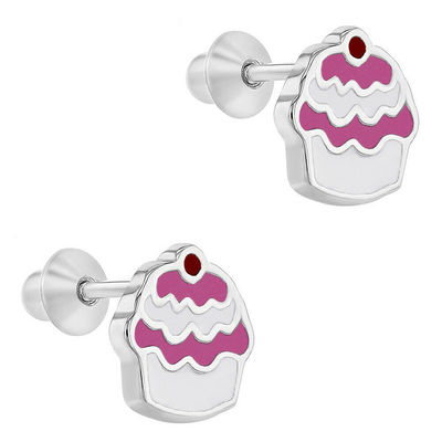 Cupcake Pink Enamel 925 Sterling Silver Screw Back Trẻ em Bàn tai đồ trang sức