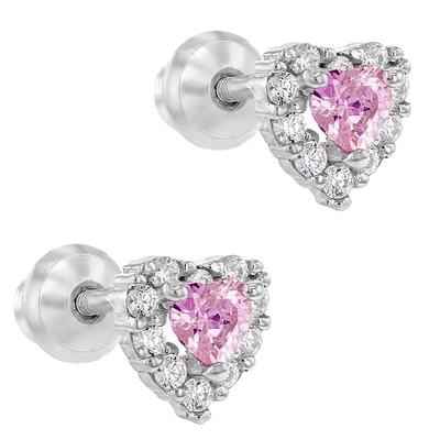 Trái tim vàng hồng màu hồng CZ Vít trở lại tai nghe Stud cho trẻ em trong 925 Sterling bạc