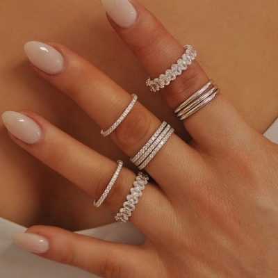 18K vàng bọc chồng chồng kết hôn Eternity Band Nhẫn cho phụ nữ 925 Sterling Silver Set