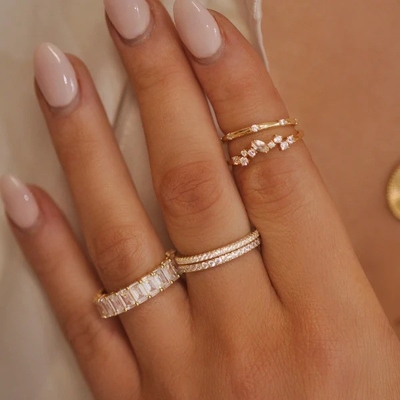 18K vàng bọc chồng chồng kết hôn Eternity Band Nhẫn cho phụ nữ 925 Sterling Silver Set