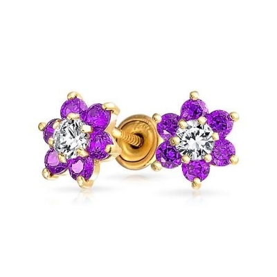 Hoa Amethyst CZ Ngôi đá sinh nhật bé gái 925 Sterling Silver Screw Back Stud Bàn tai