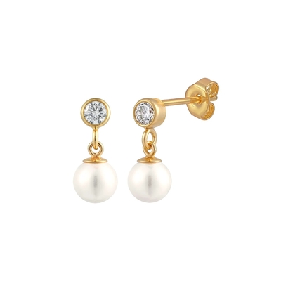 Bezel Setting CZ Stud Bàn tai Pearl trắng 925 Sterling Silver Drop Bàn tai