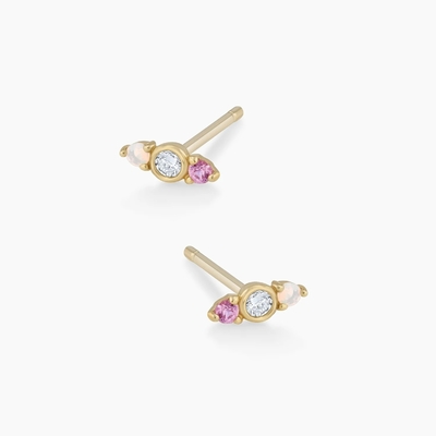 White Opal And Pink Sapphire CZ Stud Bàn tai Ba viên đá Cubic Zirconia Studs