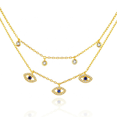 Double Layer Evil Eye Bezel Set Diamond Necklace Phụ nữ Bezel Set Đeo dây chuyền
