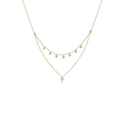 Hai lớp Bezel Set Diamond Cross Pendant Rhodium vàng mạ chuỗi vòng cổ