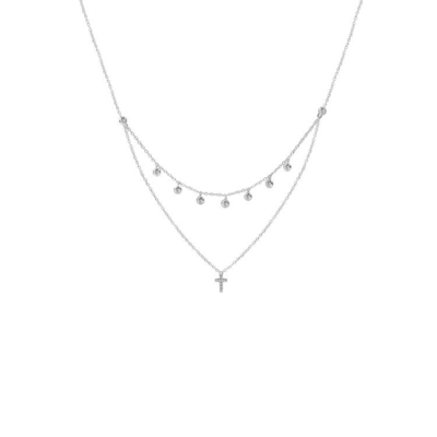 Hai lớp Bezel Set Diamond Cross Pendant Rhodium vàng mạ chuỗi vòng cổ
