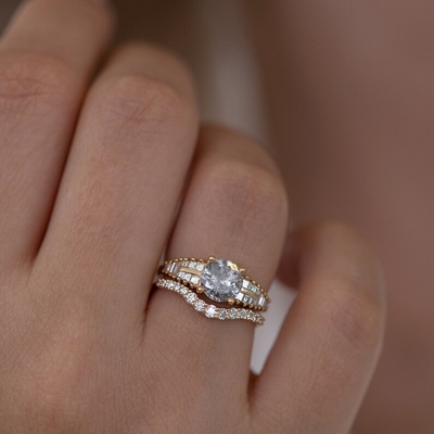 925 Sterling bạc cong kim cương CZ đính hôn Nhẫn đống dây chuyền cưới