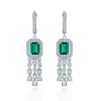 Real Sterling Silver 925 Green Baguette CZ Diamond Long Hoop Bàn tai cho mặc Unisex