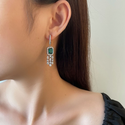 Real Sterling Silver 925 Green Baguette CZ Diamond Long Hoop Bàn tai cho mặc Unisex