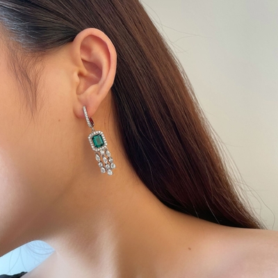 Real Sterling Silver 925 Green Baguette CZ Diamond Long Hoop Bàn tai cho mặc Unisex