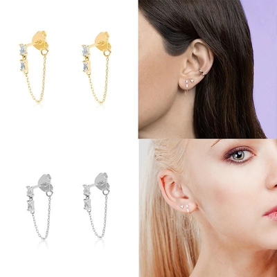 Baguette bán hàng Cubic Zircon Threader Stud Bàn tai đồ trang sức 925 Sterling bạc cho phụ nữ