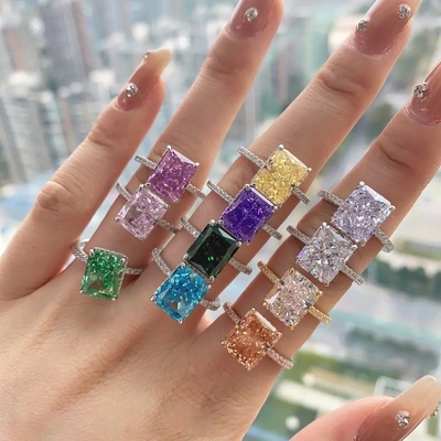 Baguette bọc bạc Kim cương xanh 5A cắt băng CZ nhẫn đính hôn cho phụ nữ 925 bạc Sterling