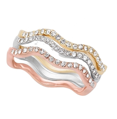 3 miếng Pave Ring Set Rhodium Plated Wave Ring Sterling Silver