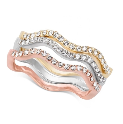 3 miếng Pave Ring Set Rhodium Plated Wave Ring Sterling Silver
