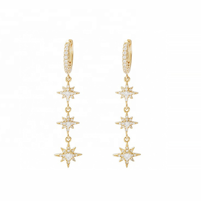 Vàng bọc 925 Bạc Brazil Starburst Long Dangle Hoop Bàn tai cho phụ nữ