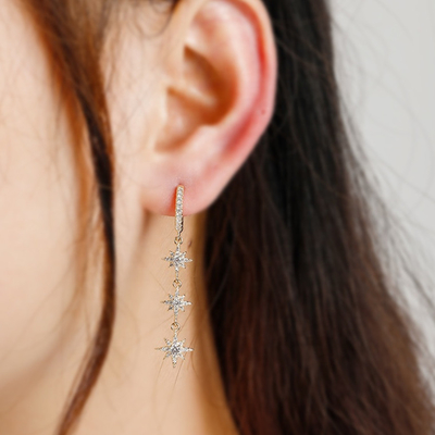 Vàng bọc 925 Bạc Brazil Starburst Long Dangle Hoop Bàn tai cho phụ nữ