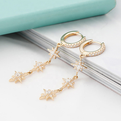 Vàng bọc 925 Bạc Brazil Starburst Long Dangle Hoop Bàn tai cho phụ nữ