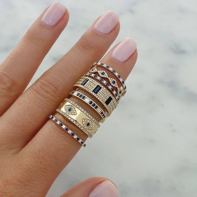 Blue Sapphire White CZ Eye Women Eternity Band Brass Eternity Ring Cho Phụ nữ