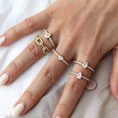 925 Sterling Silver Curb Link Chain Ring 18K Phụ nữ Cubic Zirconia