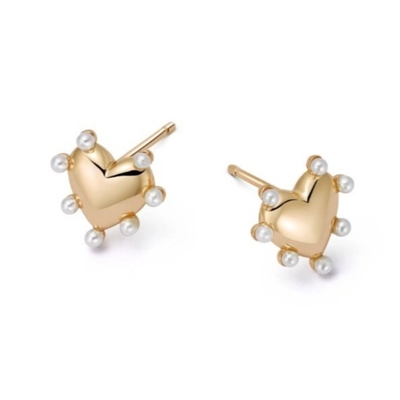 Trái tim hình ngọc trai Stud tai nghe thủ công trong 925 Sterling bạc 14K vàng cho cô gái thời trang trang sức trang sức