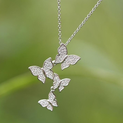 925 Sterling Silver White Gold Plated Micron Pave 4 Butterflies Charm Pendant Đối với phụ nữ