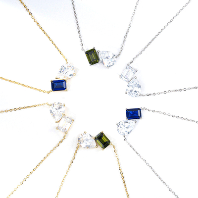 Hot bán 925 bạc đệm cắt sapphire và hình chữ nhật cắt trắng Zircon màu khối Zirconia Double Stone Pendant Necklaces