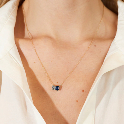 Hot bán 925 bạc đệm cắt sapphire và hình chữ nhật cắt trắng Zircon màu khối Zirconia Double Stone Pendant Necklaces