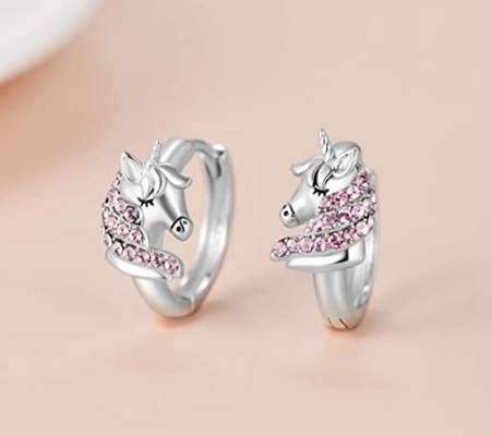 Bông tai Huggie Kỳ Lân Bạc 925 16mm Đính Đá CZ Hồng cho Trẻ Em