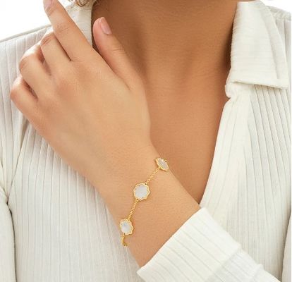 18K Gold Plated 925 Sterling Silver Flower Shaped Mother of Pearl Bracelet with 6.5" Length