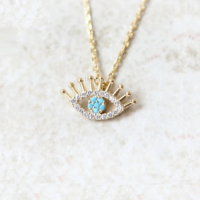 925 Sterling Silver Micro Pave Clear CZ và Turquoise Evils Mắt Anh Đeo Đeo cổ