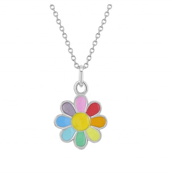 925 Sterling Silver Rainbow Enamel Daisy Pendant Necklaces cho trẻ em và trẻ em gái