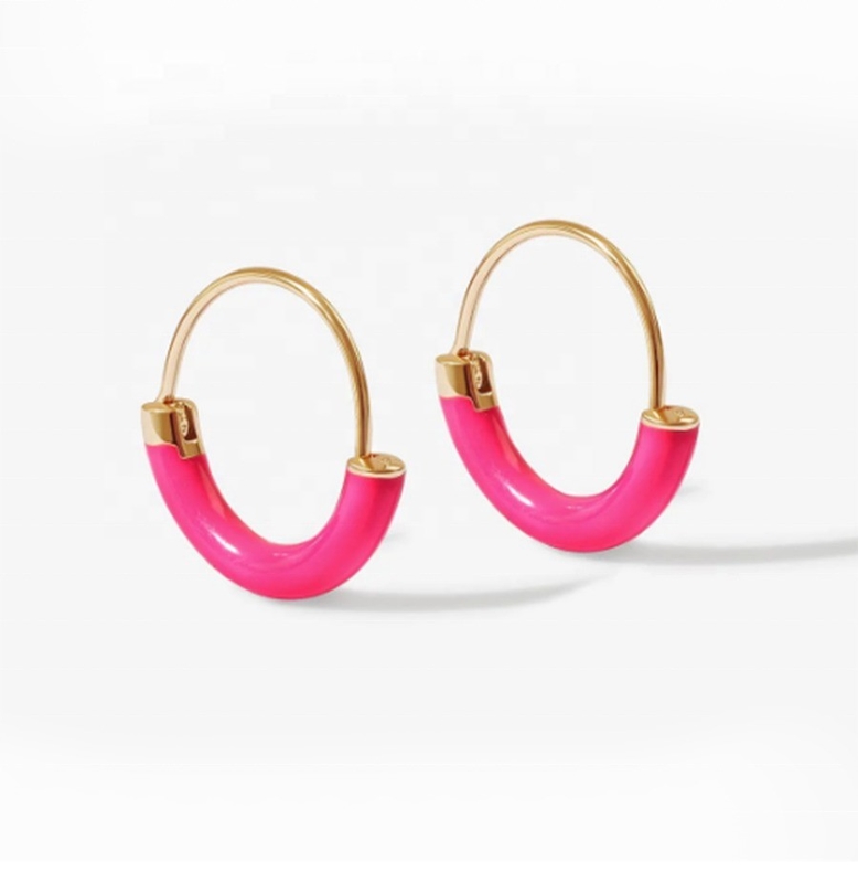 HOA TAI BẠC 925 Sterling DIA 18MM HOOPS với Men Hồng Nóng và Mạ Vàng 18K
