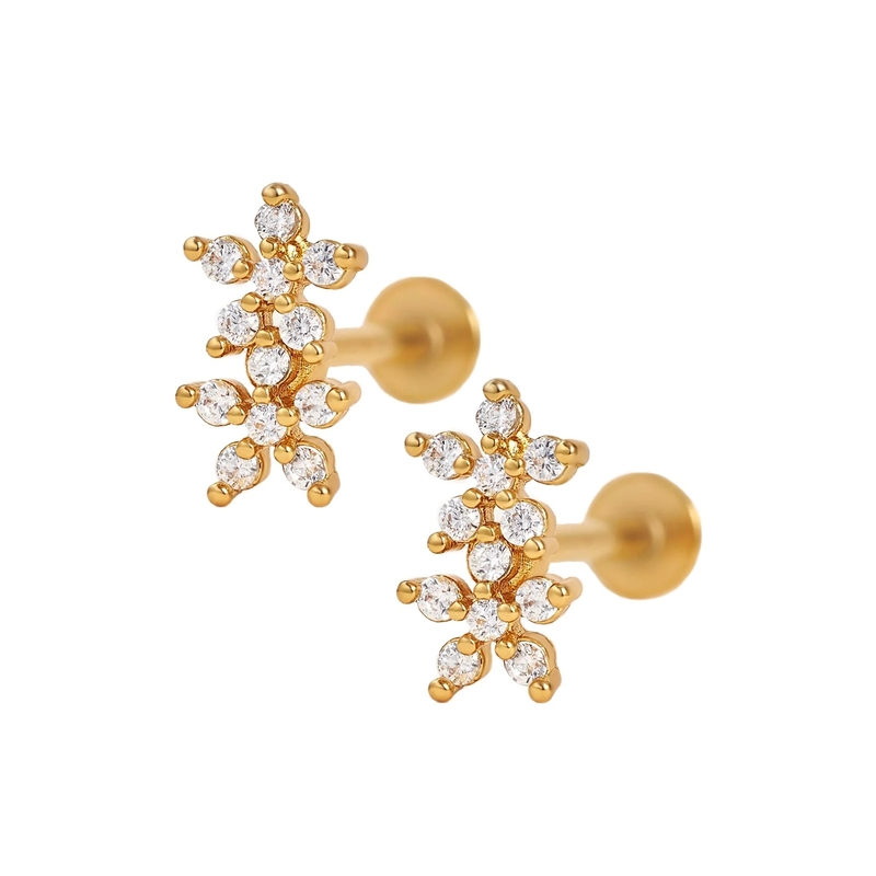 Phong cách cổ điển hoa đôi quả bóng trở lại lưng phẳng 925 bạc Sterling bông tai cho cô gái