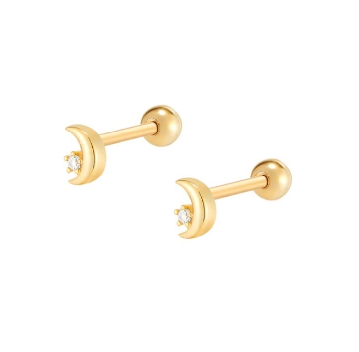 925 Sterling Silver Tiny CZ Moon Piercing Stud Bàn tai với chuông quay lại