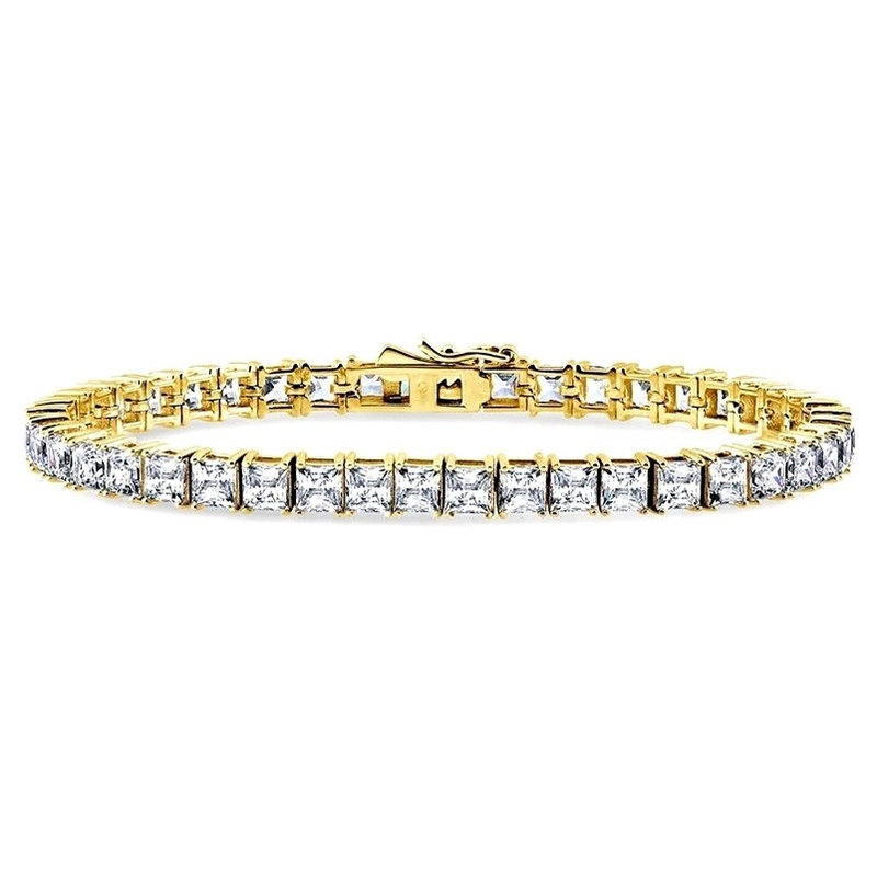 Unisex làm bằng tay 18K vàng Hip Hop Băng cắt hình vuông Kim cương CZ 925 Sterling bạc xếp chồng quần vợt vòng tay