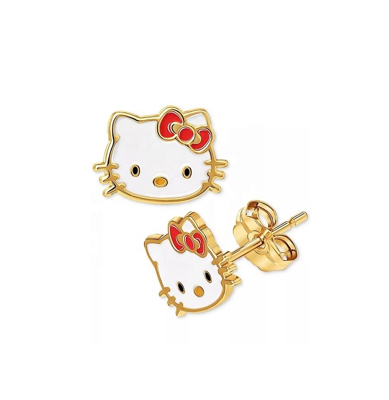 18K vàng bọc Hello Kitty kim loại tai nghe Stud cho các cô gái trong 925 Sterling bạc