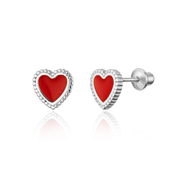 Vòng tai lưng vít an toàn cho trẻ em bằng bạc 925 Sterling với trái tim men đỏ nhỏ
