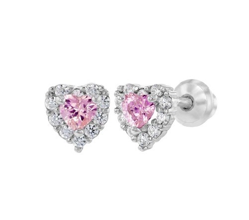 Trái tim vàng hồng màu hồng CZ Vít trở lại tai nghe Stud cho trẻ em trong 925 Sterling bạc