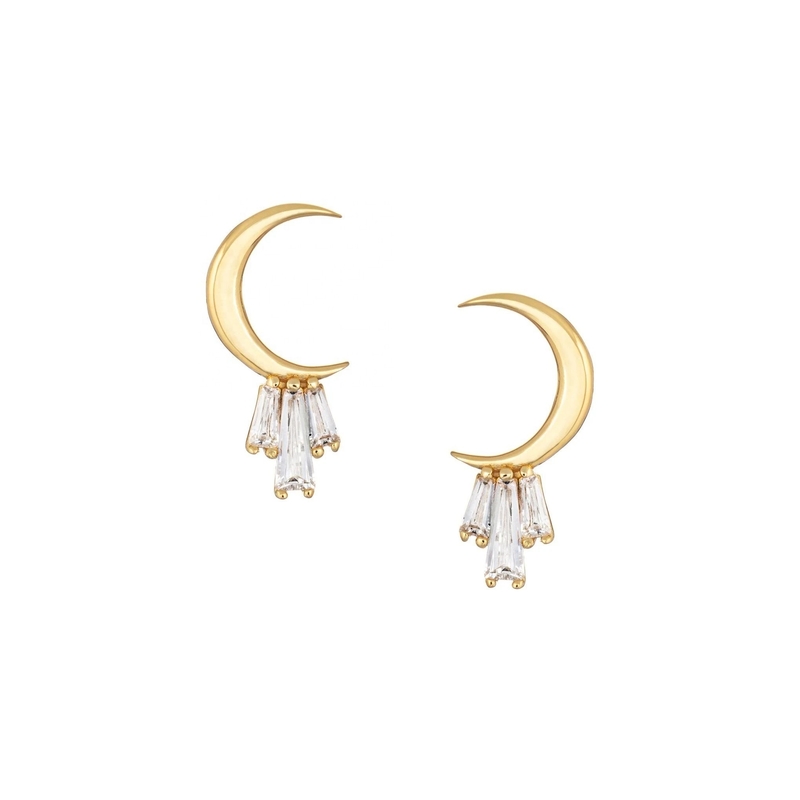 18K vàng mạ 925 Sterling Baguette bạc mặt trăng Stud bông tai cho phụ nữ AAA CZ đá